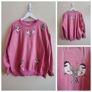 Vintage sweatshirt long sleeve oversized and dropped armhole dust Pink bird prnt